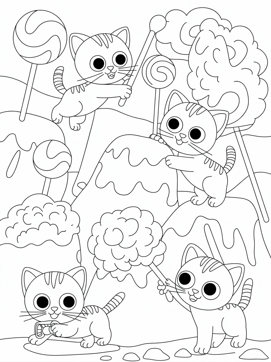 Space kittens exploring a candy planet - Free Coloring Page