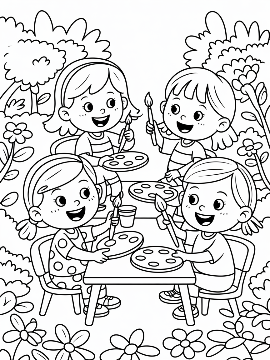 Beautiful girls doing painting in a garden - Free Coloring Page