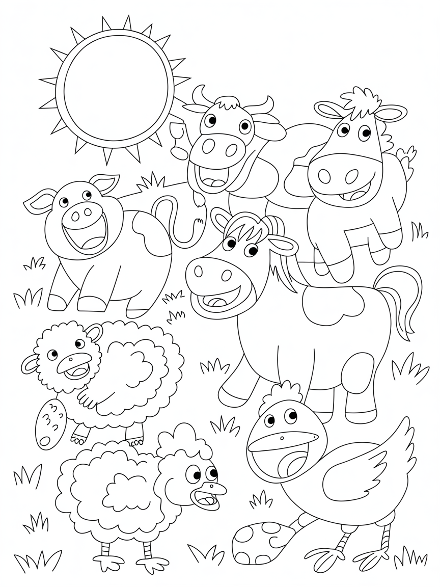 Farm Animals with their mouths open - Free Coloring Page