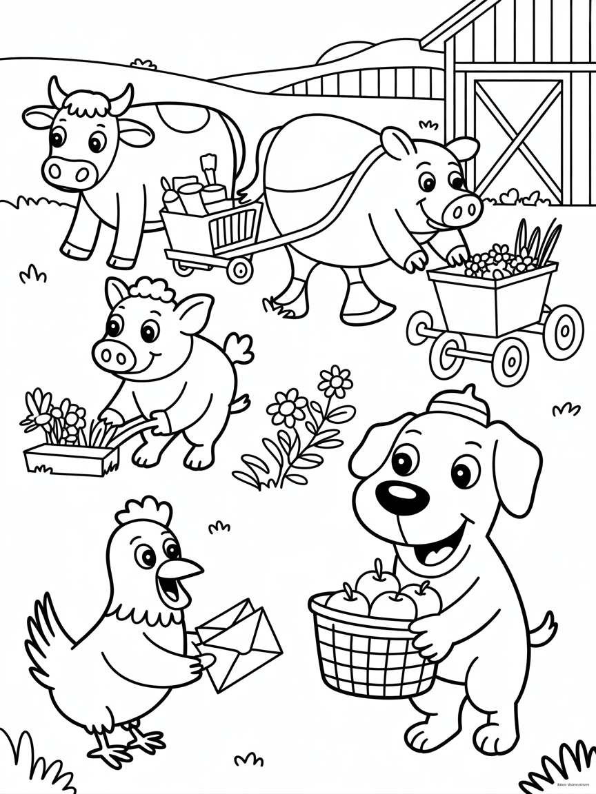 Domestic animals helping people - Free Coloring Page