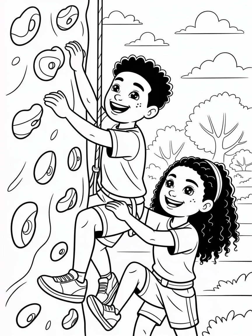 African American brother age 11 with short hair cut and sporty apparel and sister age 8 long curly hair girly sporty overcoming a challenge happily together - Free Coloring Page