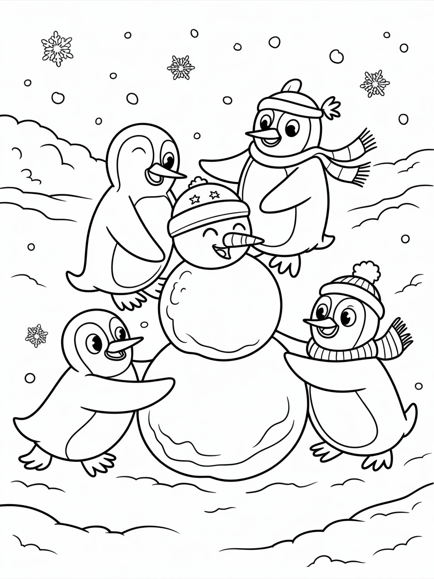 Pirate penguins building a snowman - Free Coloring Page