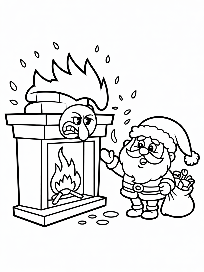 Cranky fireplace denying Santa - Free Coloring Page
