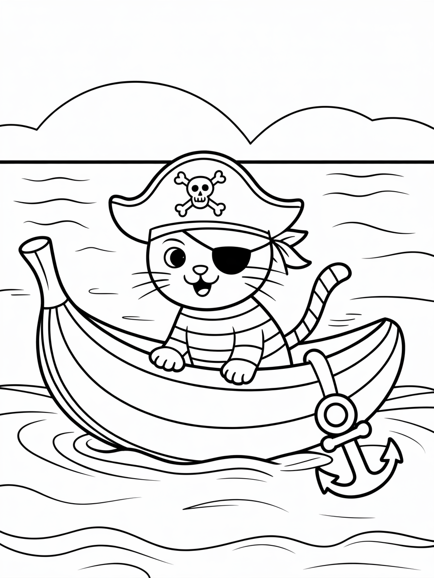 Pirate cat sailing a banana boat - Free Coloring Page