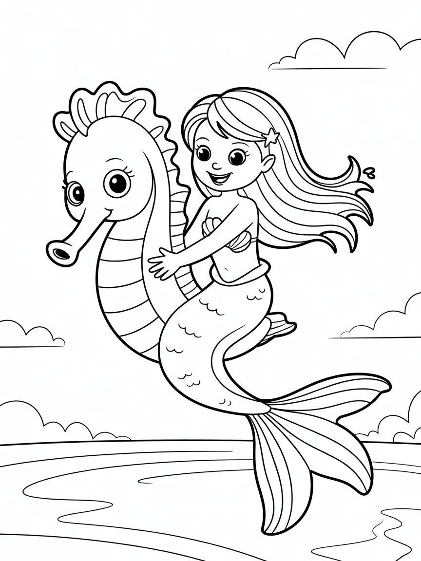 Mermaid riding a rainbow seahorse - Free Coloring Page