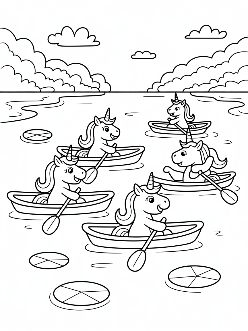 unicorns competing in Olympic rowing - Free Coloring Page
