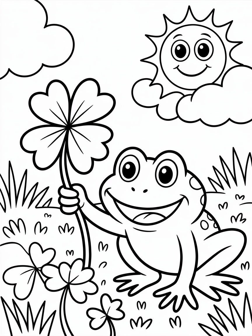 A frog finding a four leaf clover - Free Coloring Page