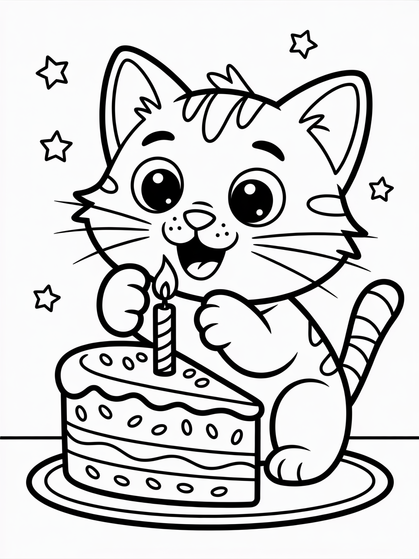 Cat eating cake - Free Coloring Page