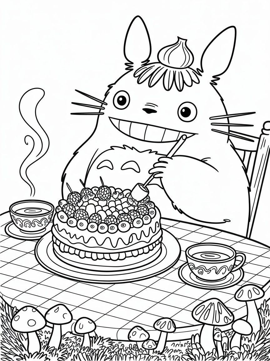 Totoro eating cake - Free Coloring Page