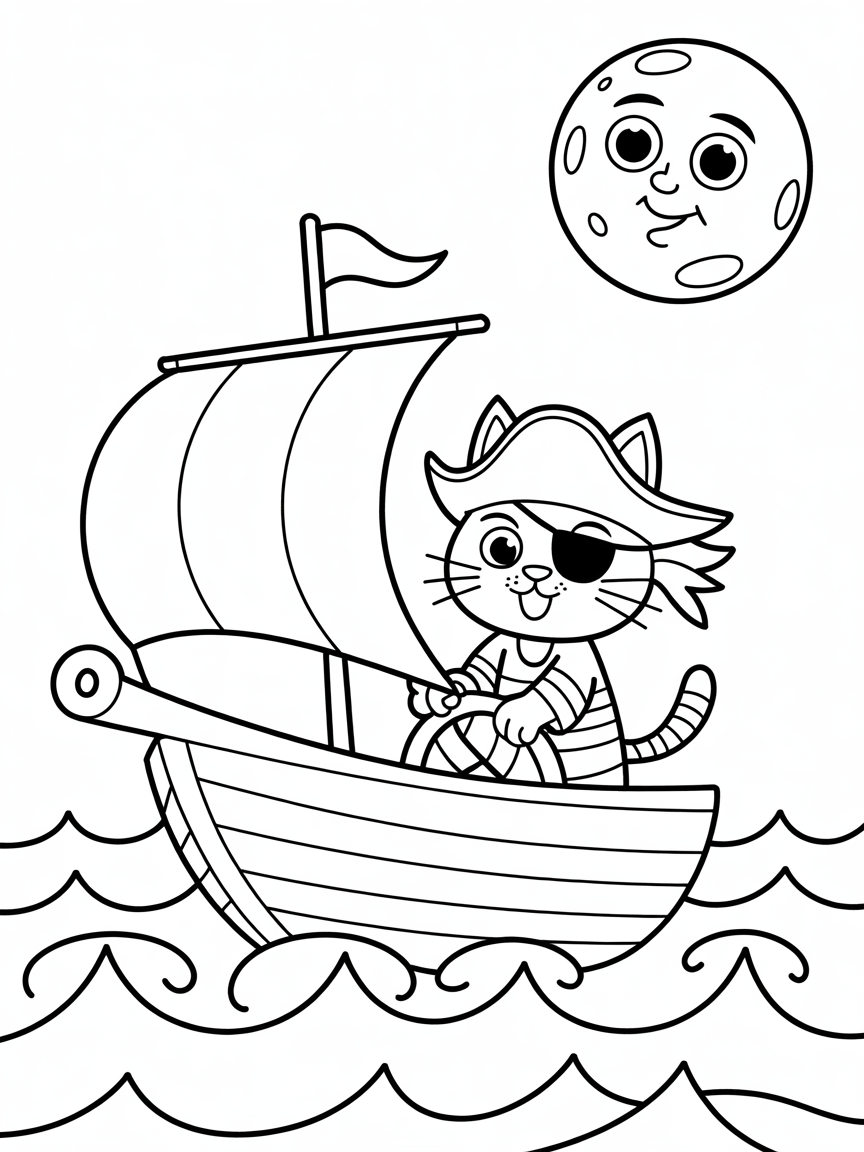 Pirate cat sailing a moonlit sea - Free Coloring Page