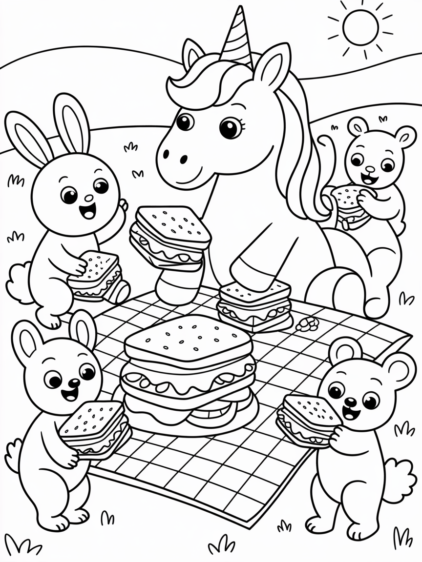 Unicorn picnic with rainbow sandwiches - Free Coloring Page