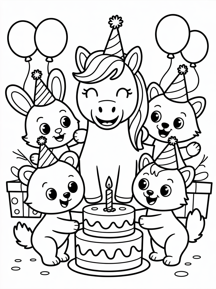 Unicorn birthday party - Free Coloring Page
