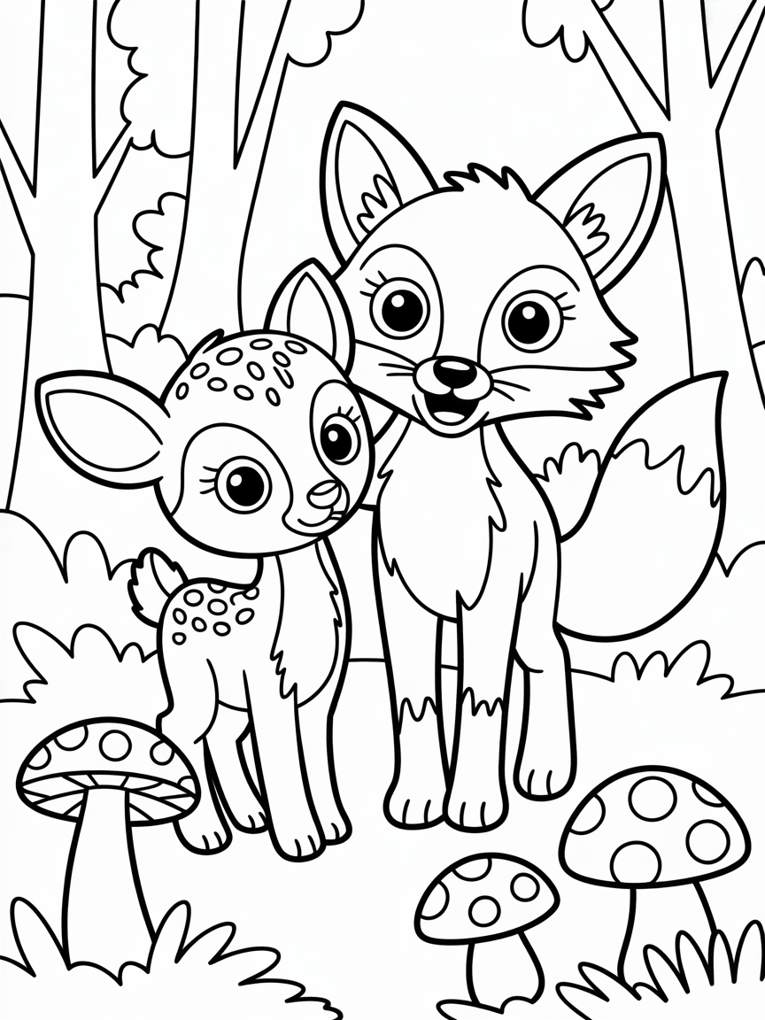 Fox and fawn in forest and mushrooms - Free Coloring Page