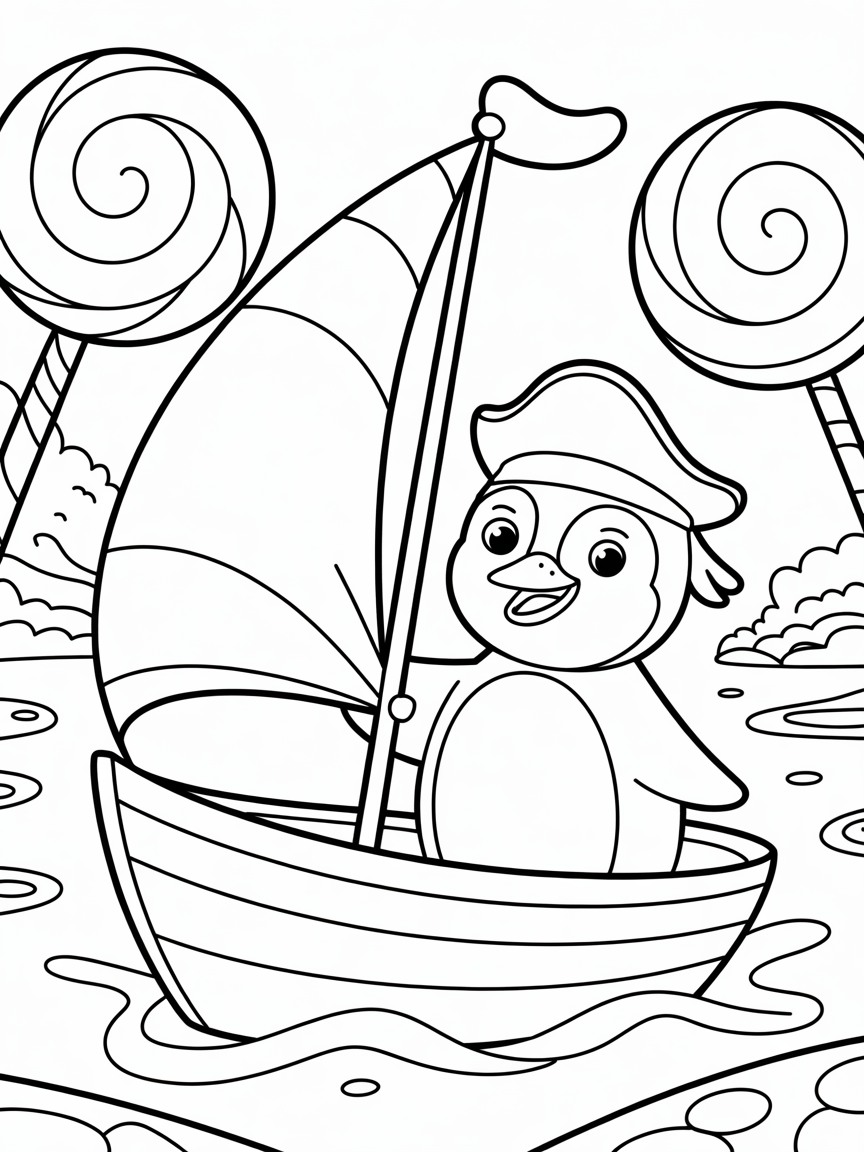Pirate penguin sailing candy seas - Free Coloring Page