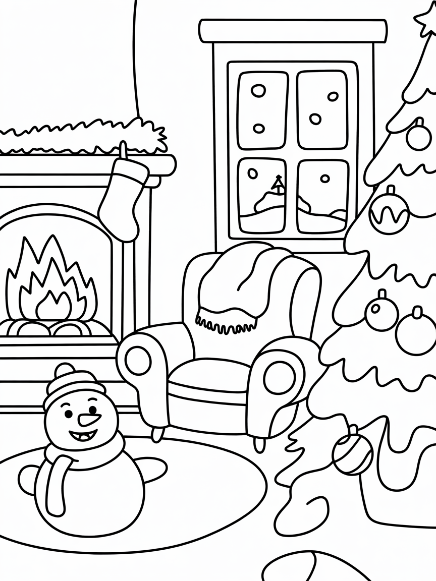 cozy room in winter - Free Coloring Page