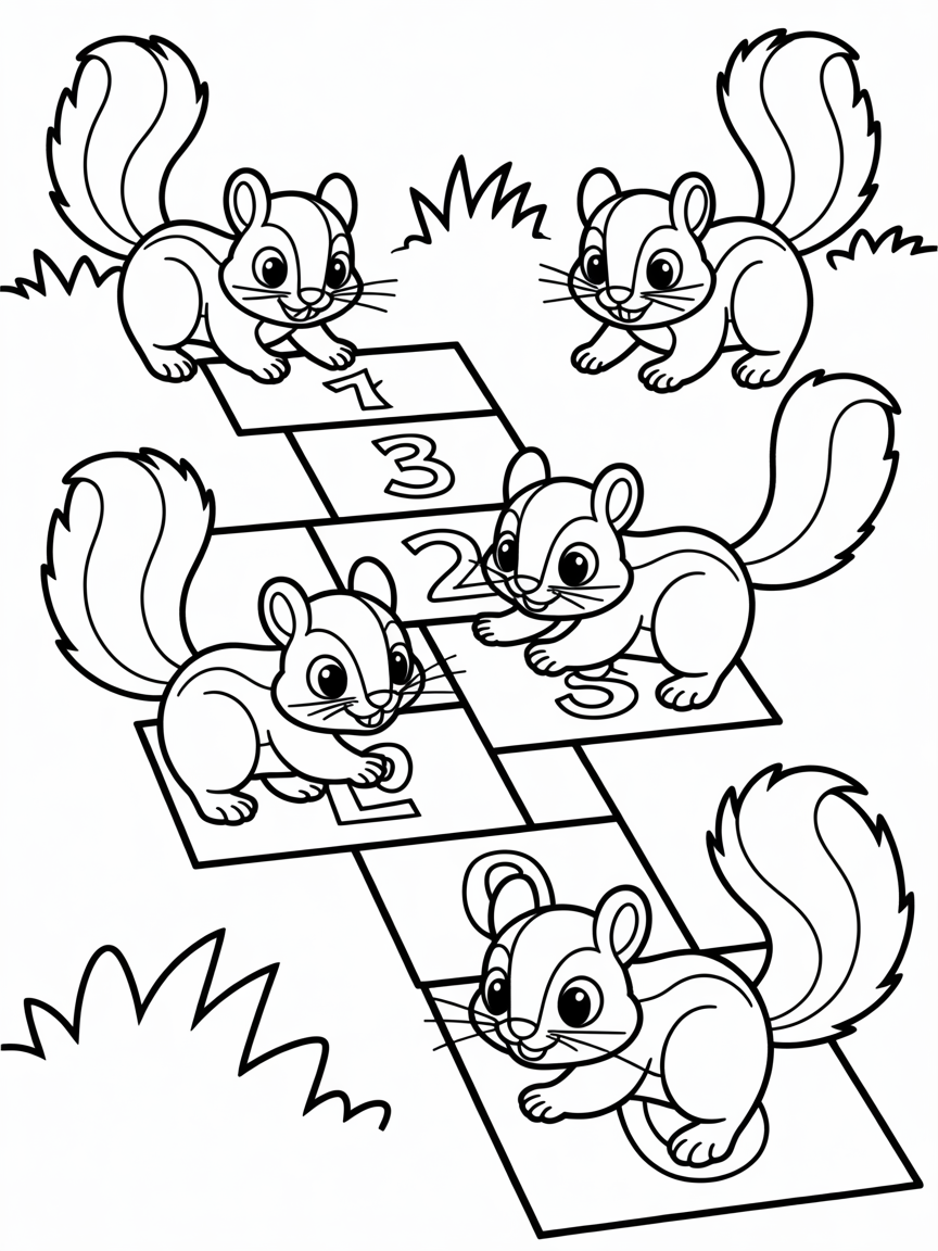 Flying squirrels playing hopscotch - Free Coloring Page