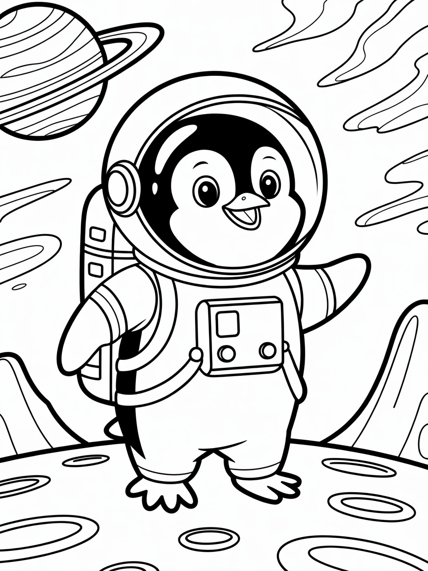 Penguin astronaut exploring a colorful planet - Free Coloring Page