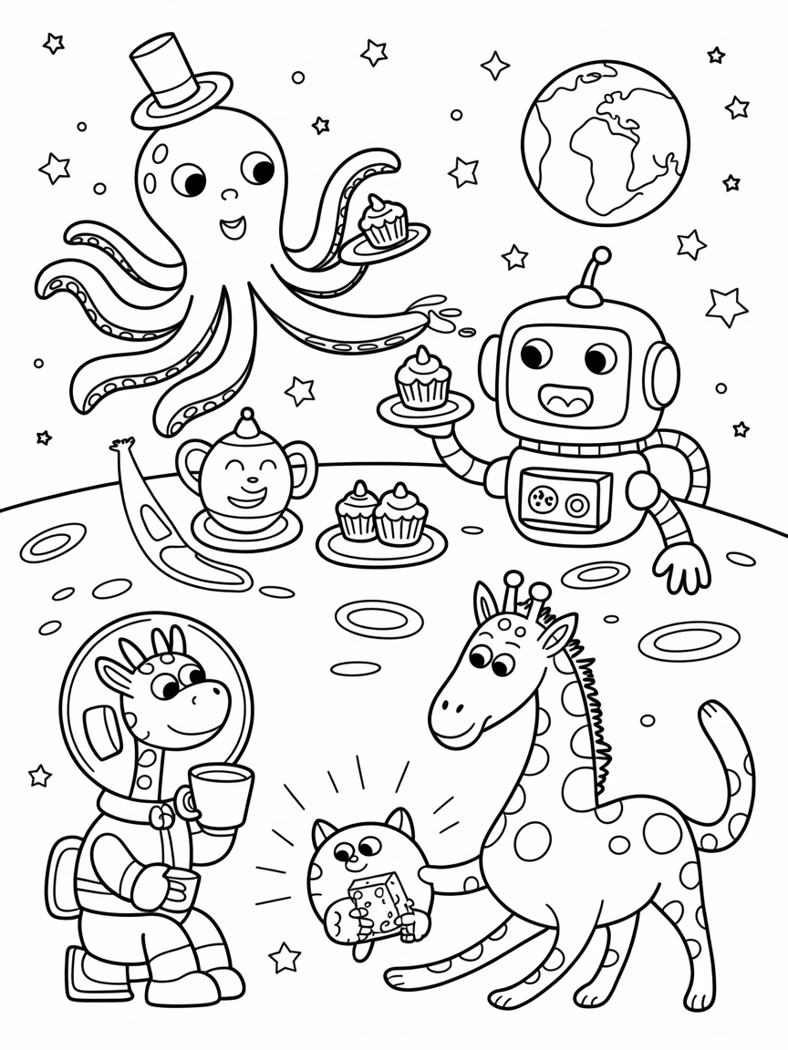 A tea party on the moon! An octopus in a top hat pours tea with all eight arms, while a robot serves floating cupcakes. A giraffe in a space helmet sips from a cup, and a cosmic cat bats at a sugar cube in zero gravity. A tiny UFO carries alien twins in party hats. Stars twinkle above, Earth glows in the sky, and teapots drift through space. Color the magic of this zero-gravity celebration! - Free Coloring Page