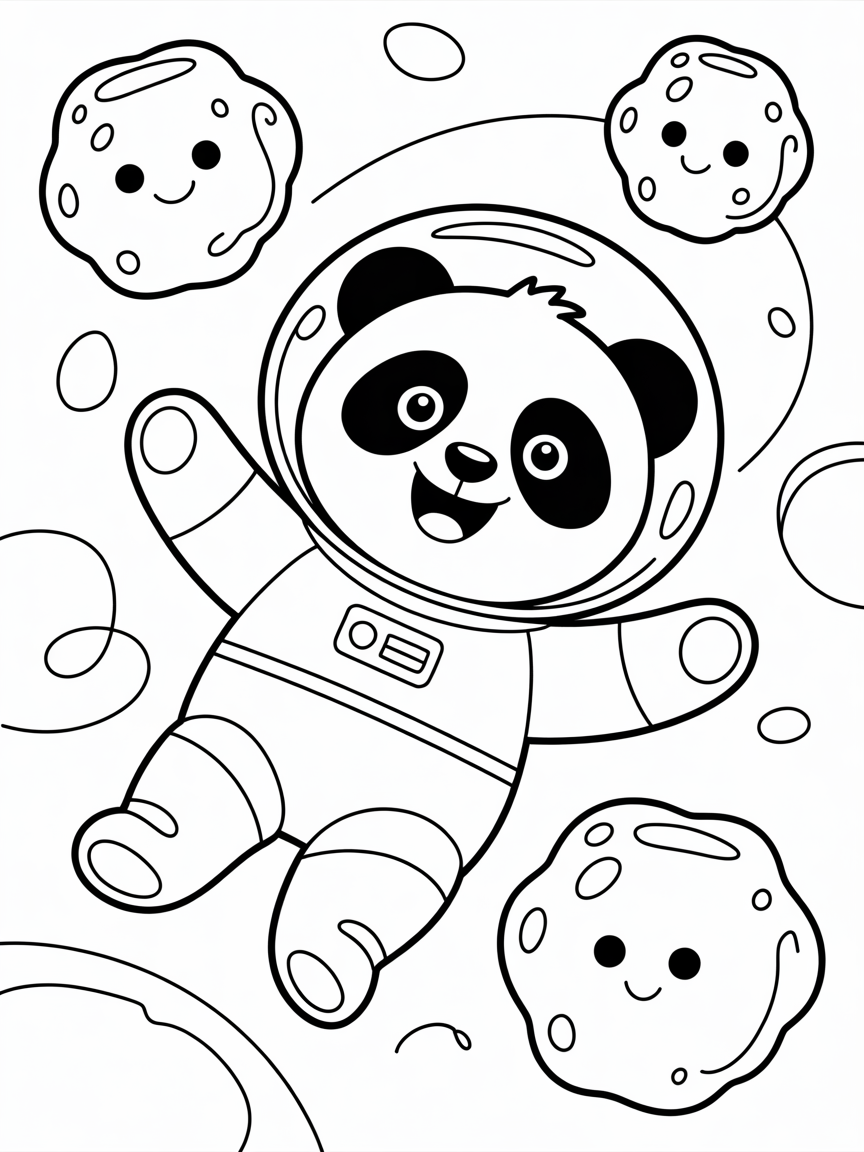Panda astronaut exploring marshmallow planets - Free Coloring Page