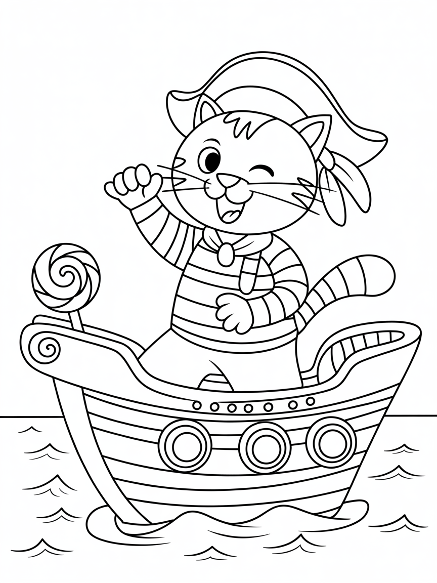 Pirate cat sailing a candy ship - Free Coloring Page