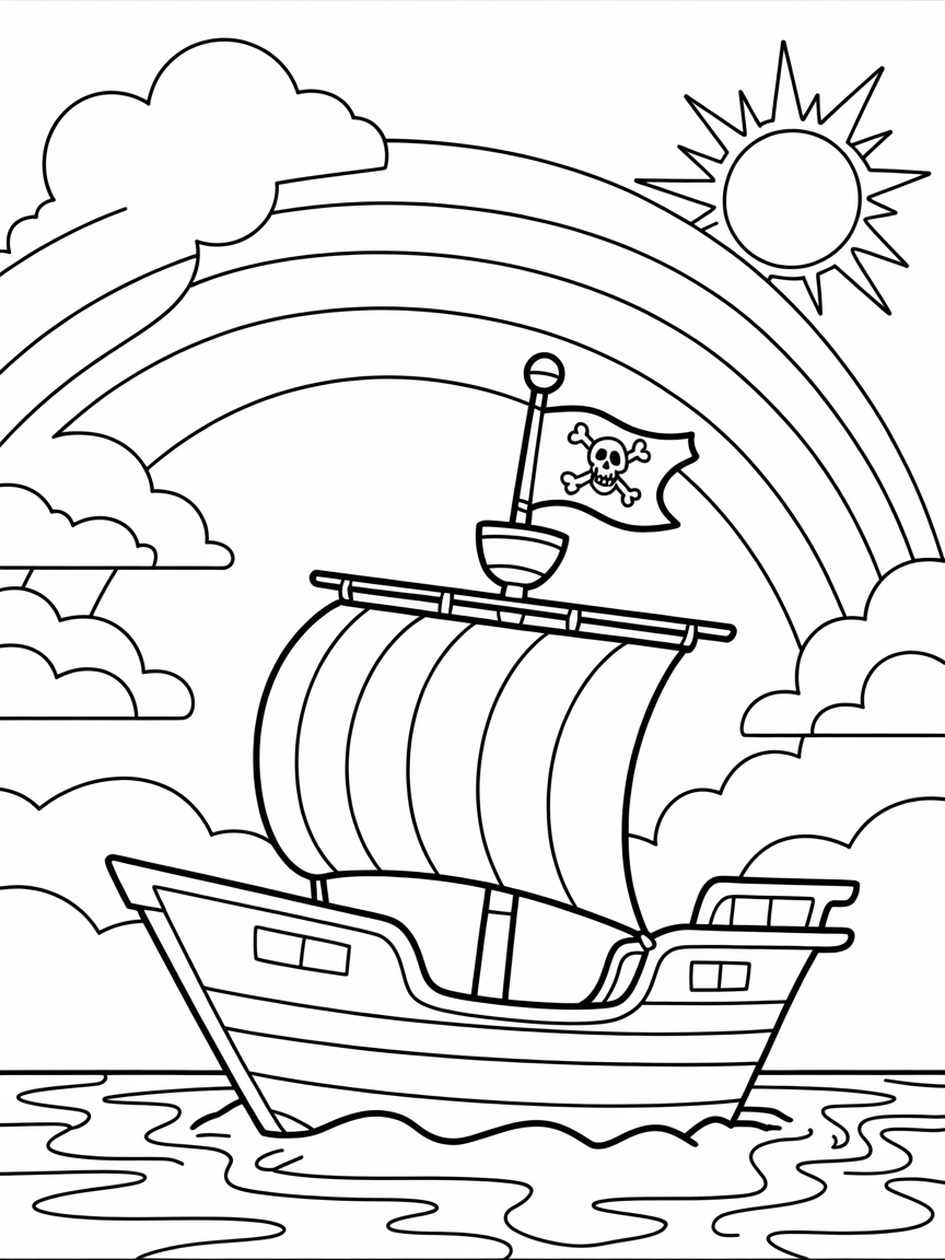 Pirate ship sailing through rainbow skies - Free Coloring Page