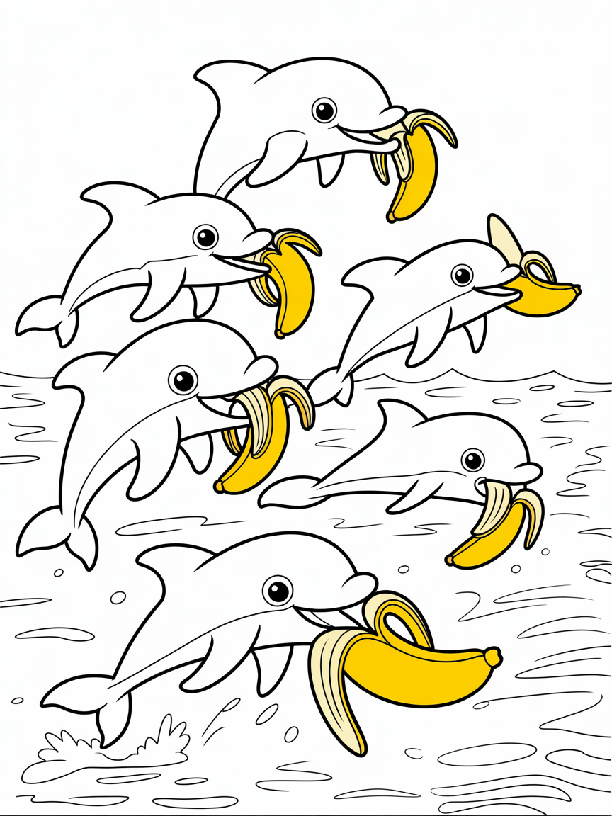 Dolphins eating bananas - Free Coloring Page