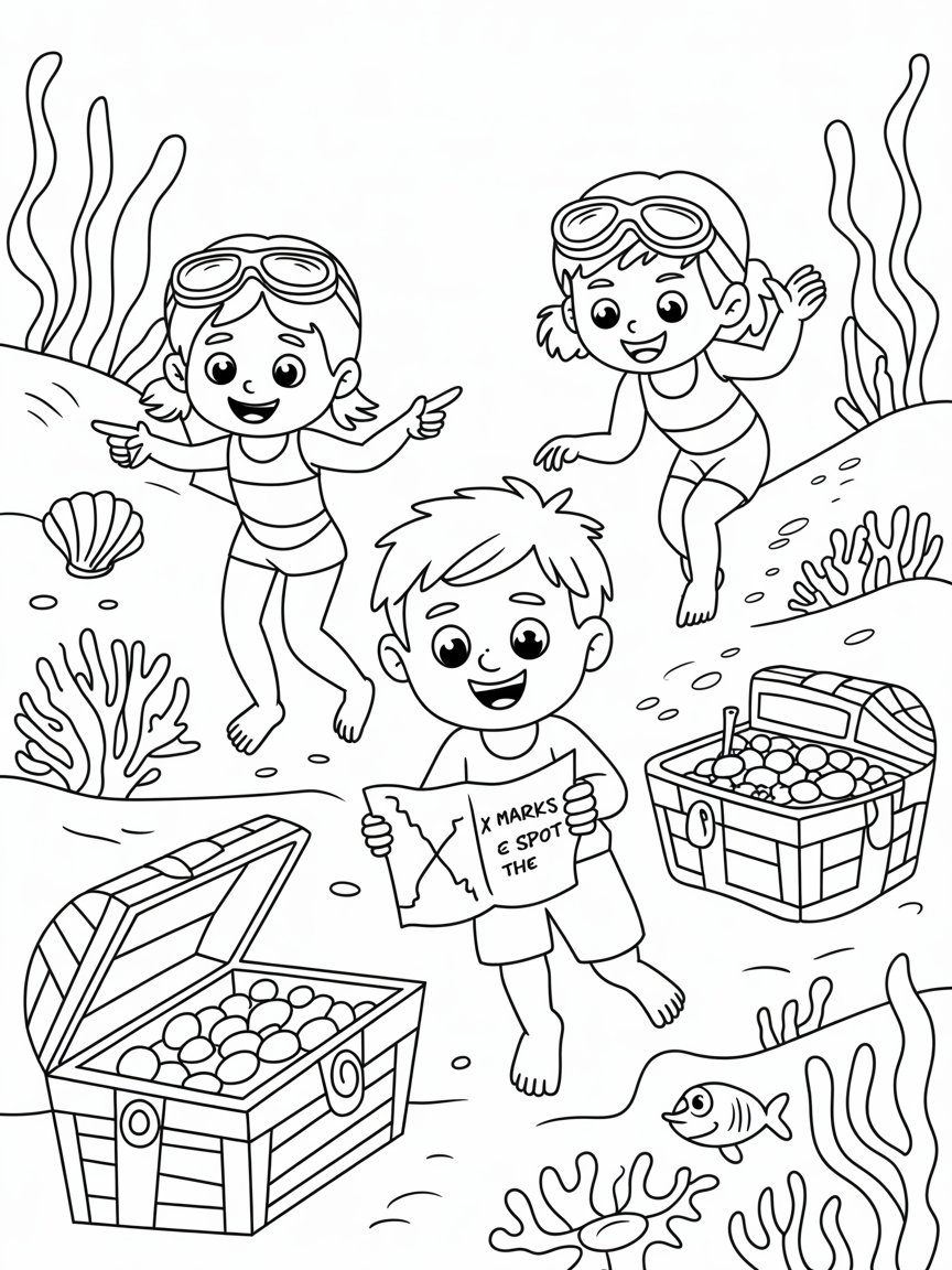 Twin Girls and a boy underwater treasure hunt - Free Coloring Page
