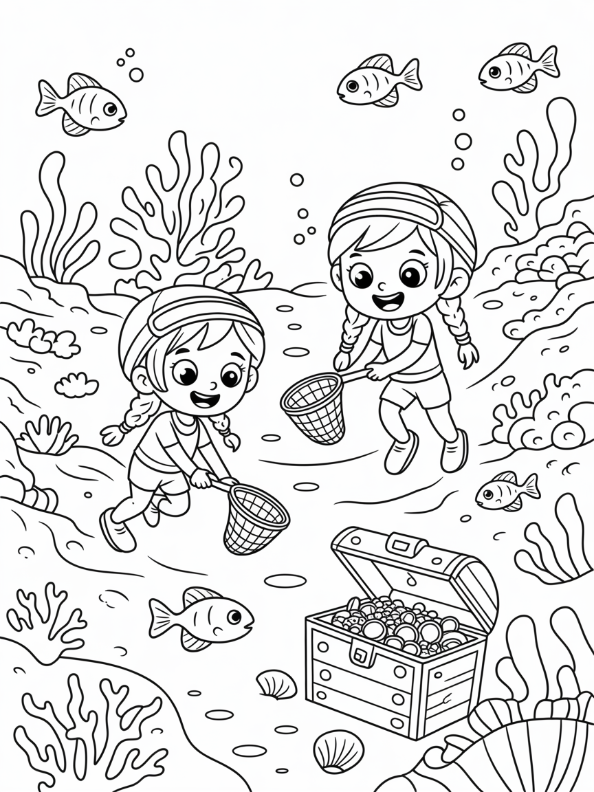 Twin Girls underwater treasure hunt - Free Coloring Page