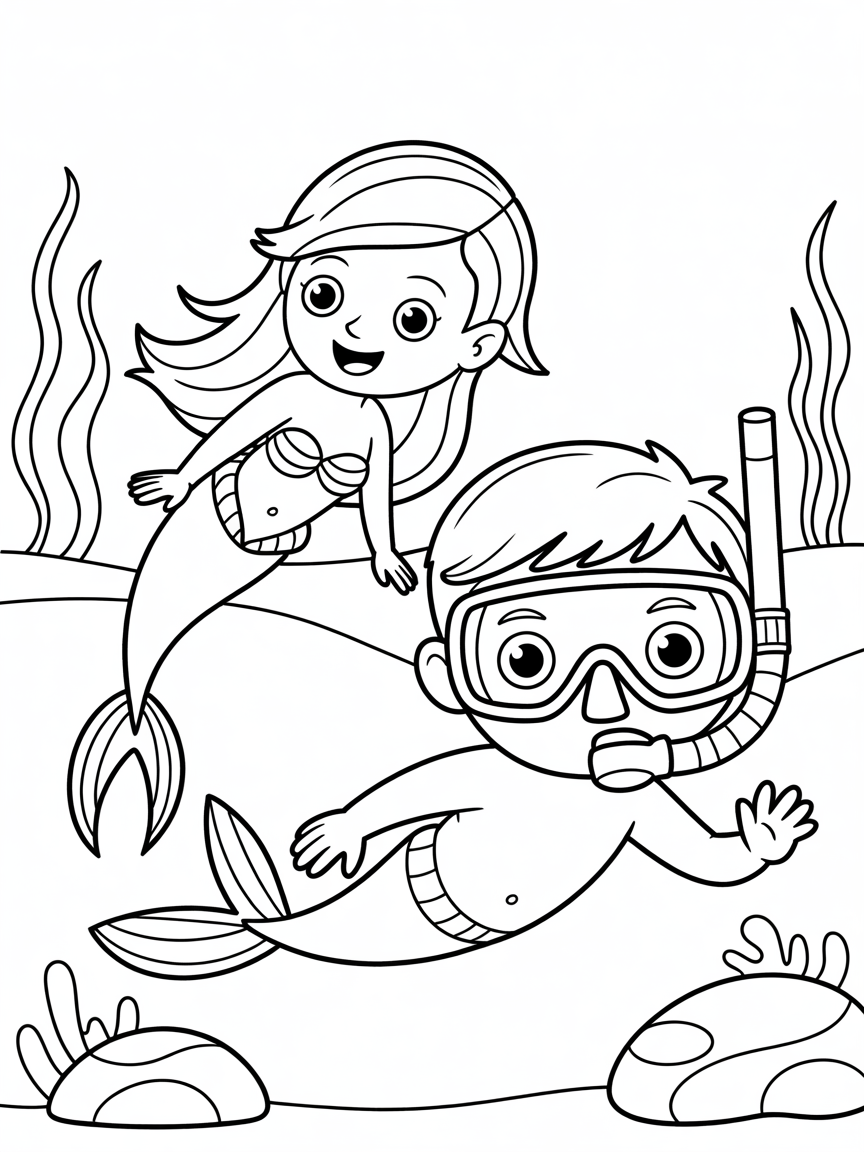 Mermaid with snorkeling boy - Free Coloring Page
