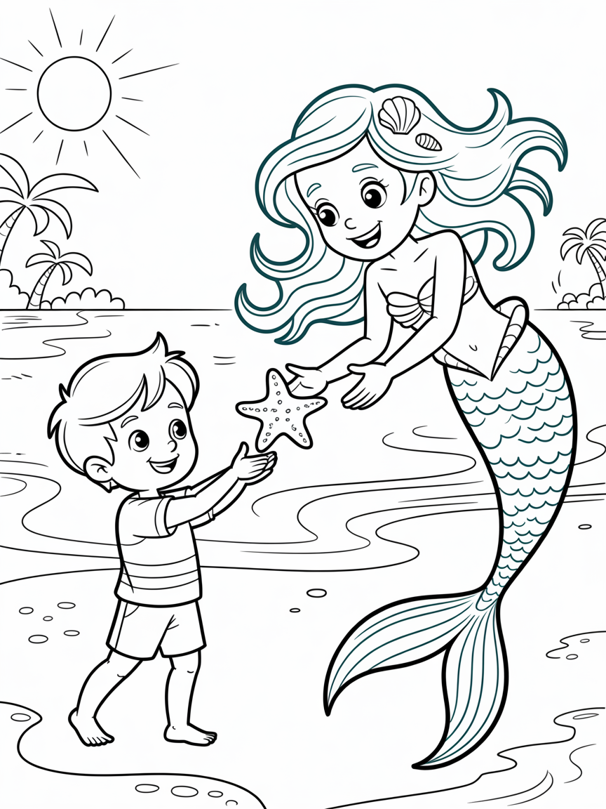 Mermaid with human boy - Free Coloring Page