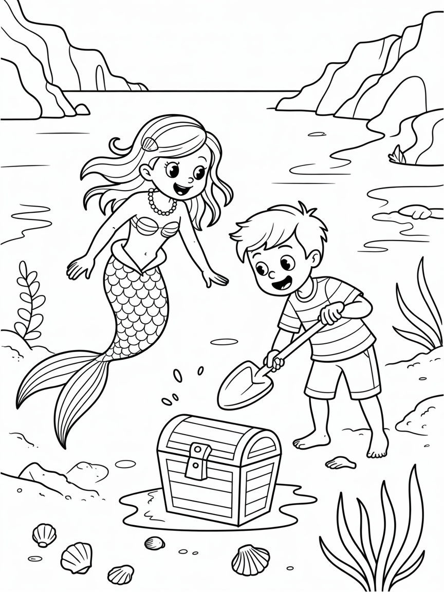 Mermaid girl with human boy find treasure - Free Coloring Page