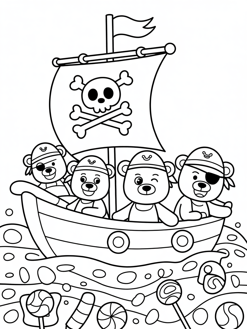 Pirate bears sailing candy seas - Free Coloring Page