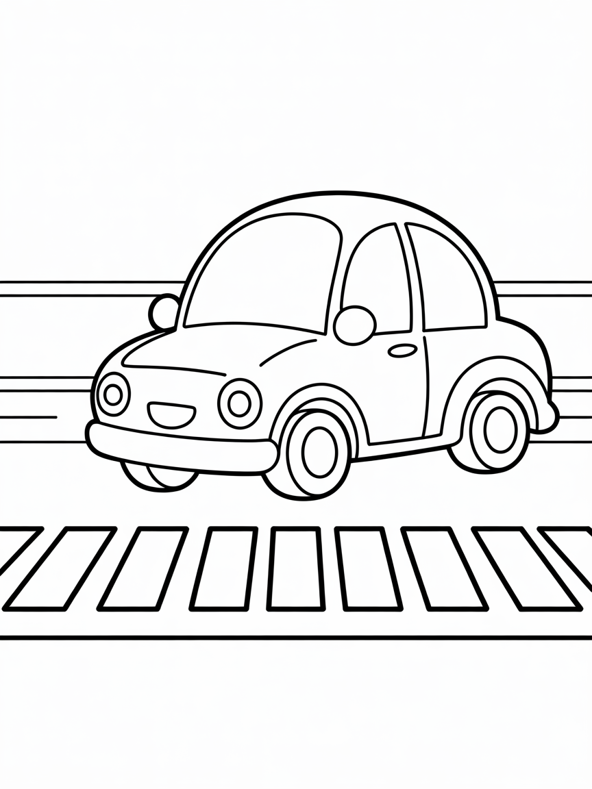 Above view of a car with headlights on near marked crosswalk - Free Coloring Page