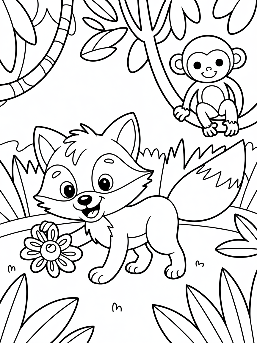 Fox in jungles - Free Coloring Page