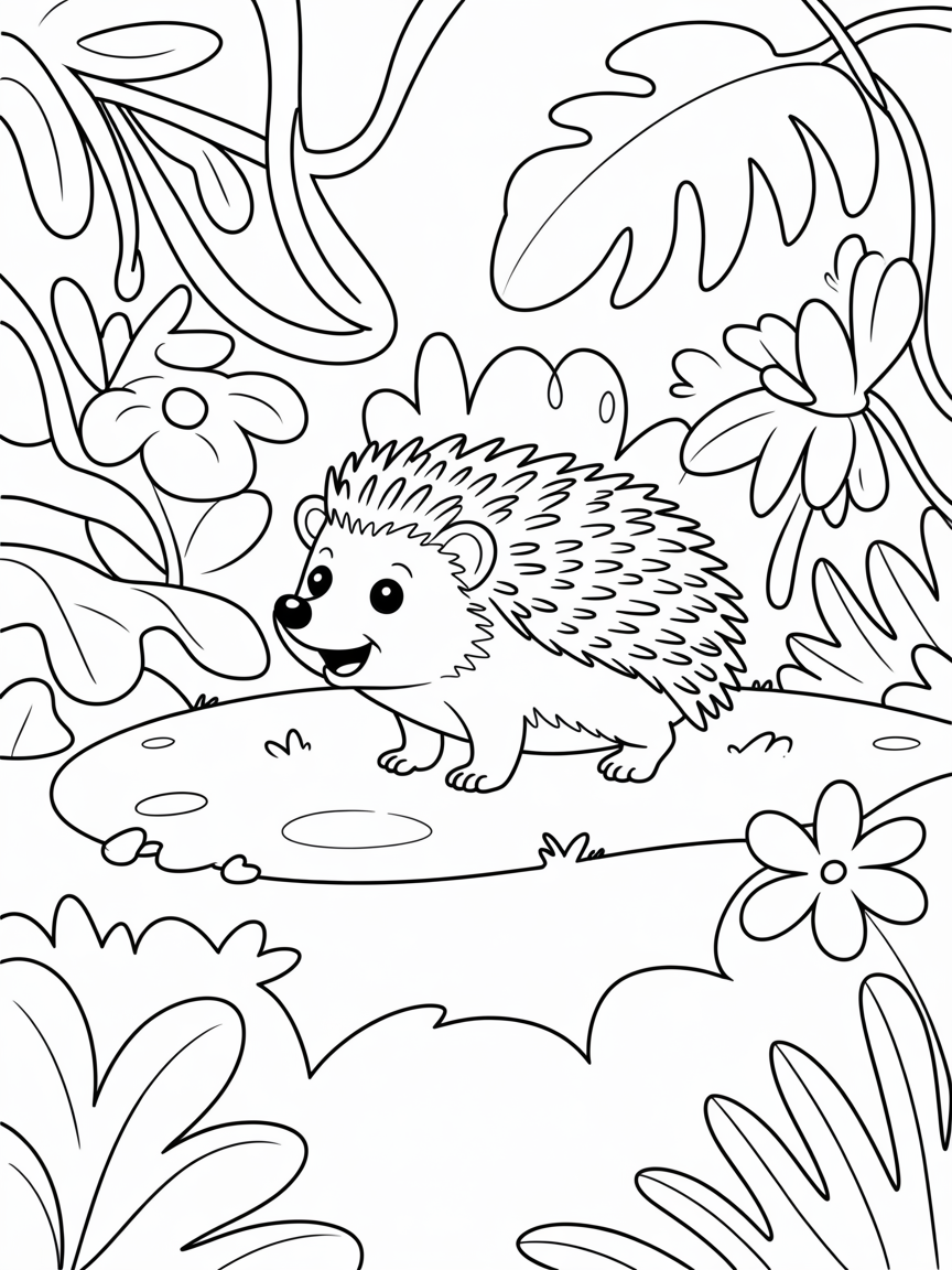 Hedgehog in jungles - Free Coloring Page