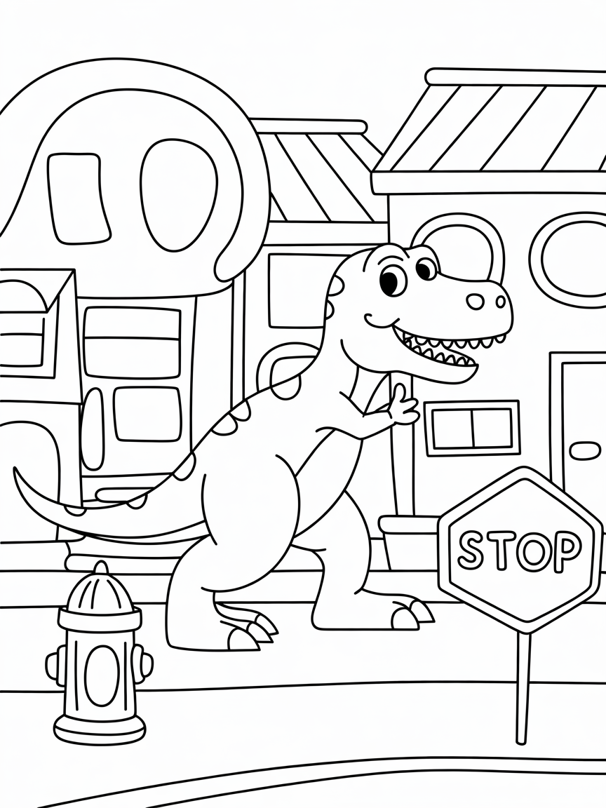 T-Rex in the town - Free Coloring Page