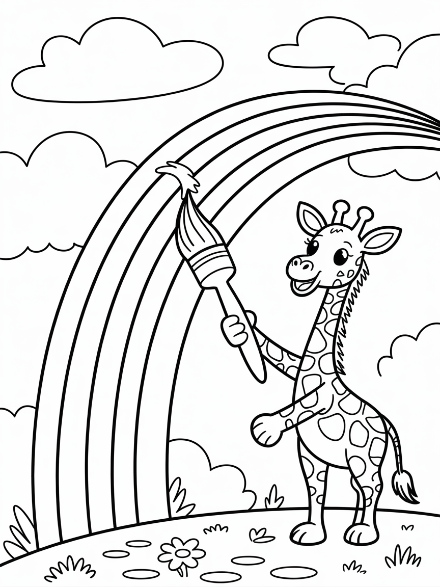 Giraffe painting a rainbow bridge - Free Coloring Page