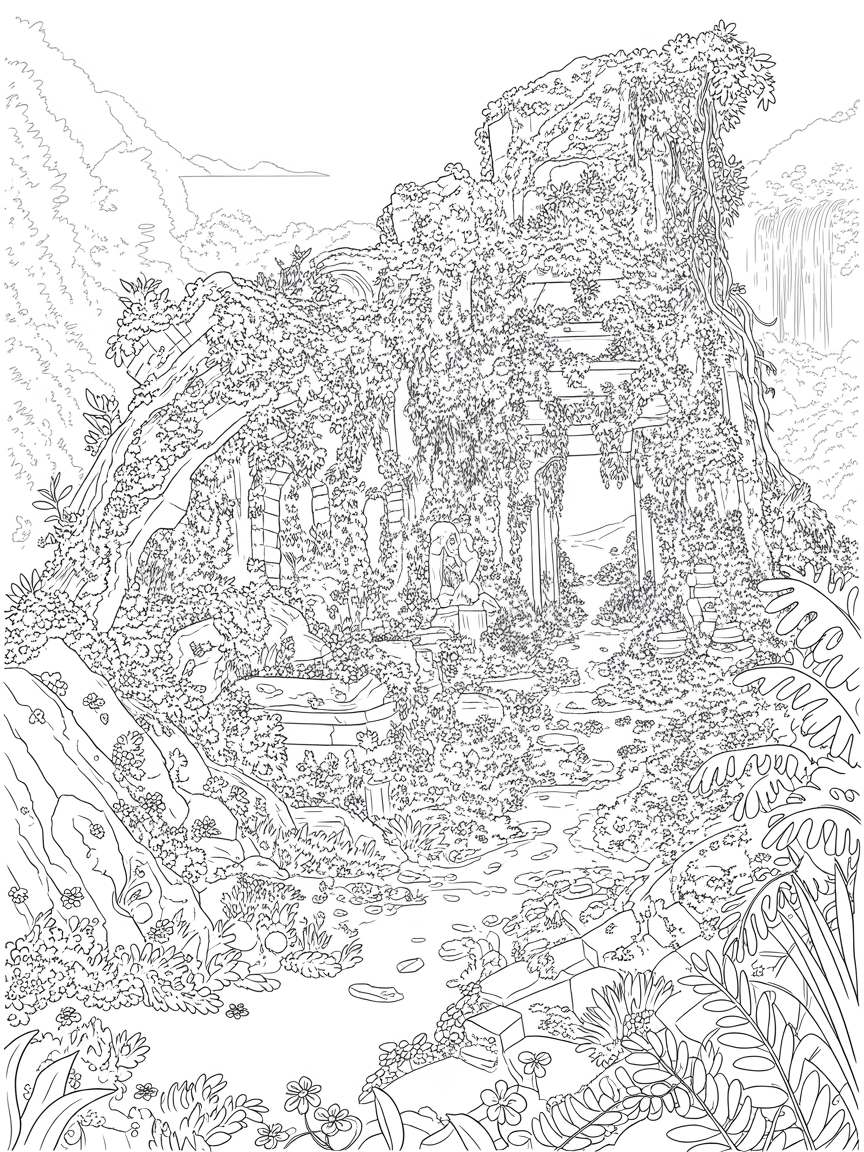 Ruins amongst nature - Free Coloring Page