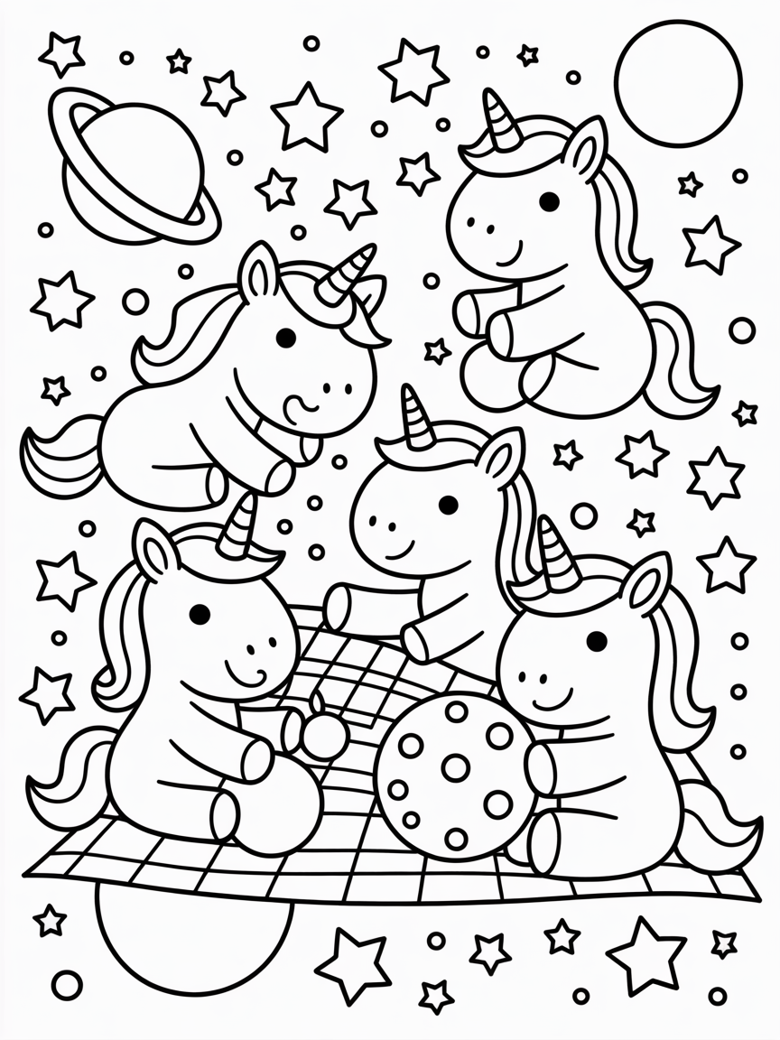 Unicorns having a picnic in space - Free Coloring Page