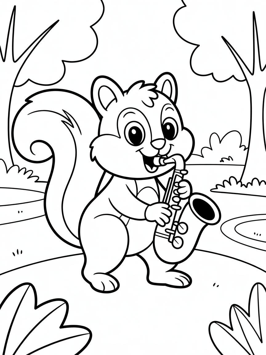 Squirrel playing saxophone in the park - Free Coloring Page
