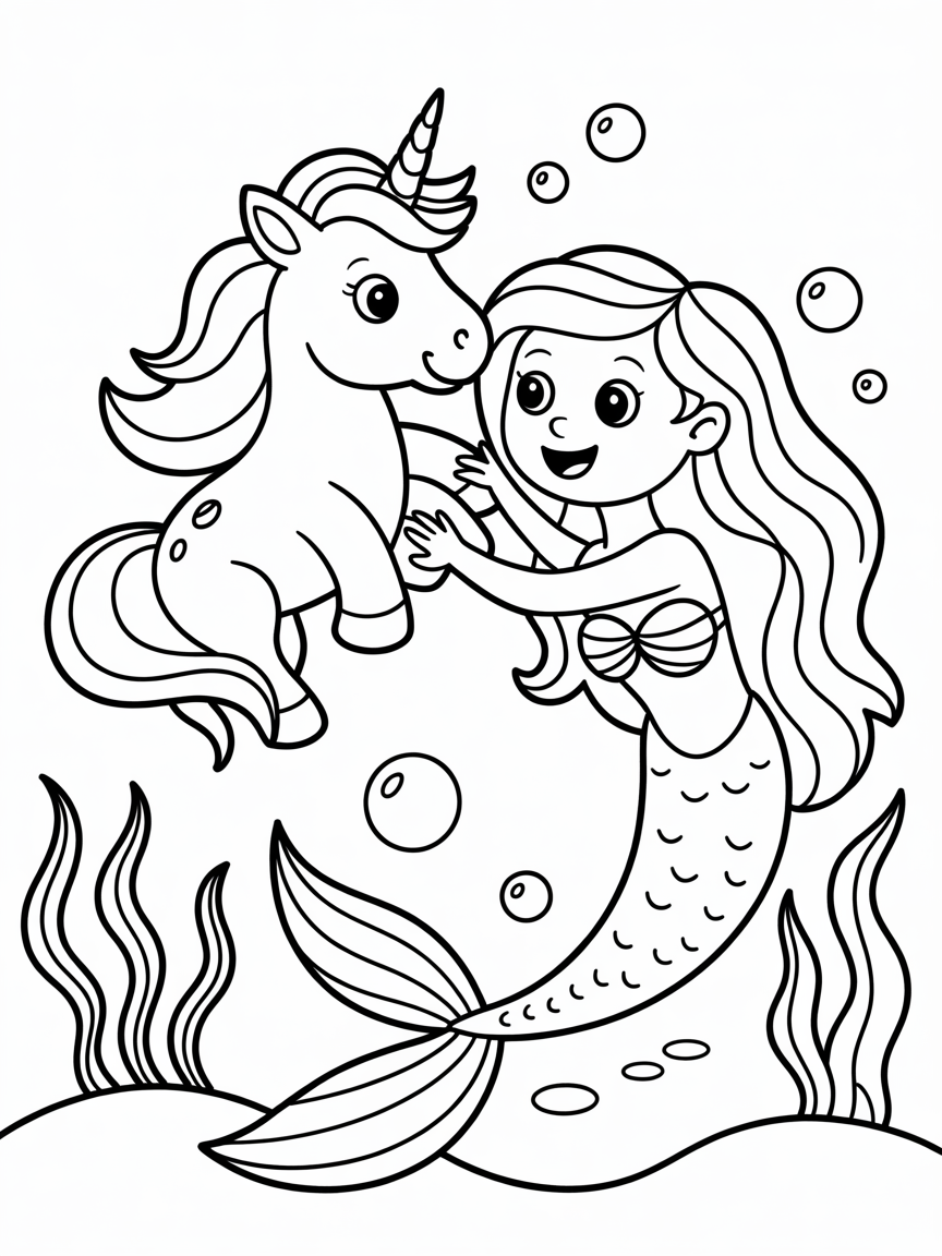 Unicorn with mermaid - Free Coloring Page