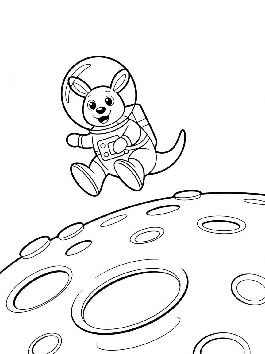 Astronaut kangaroo bouncing on the moon - Free Coloring Page