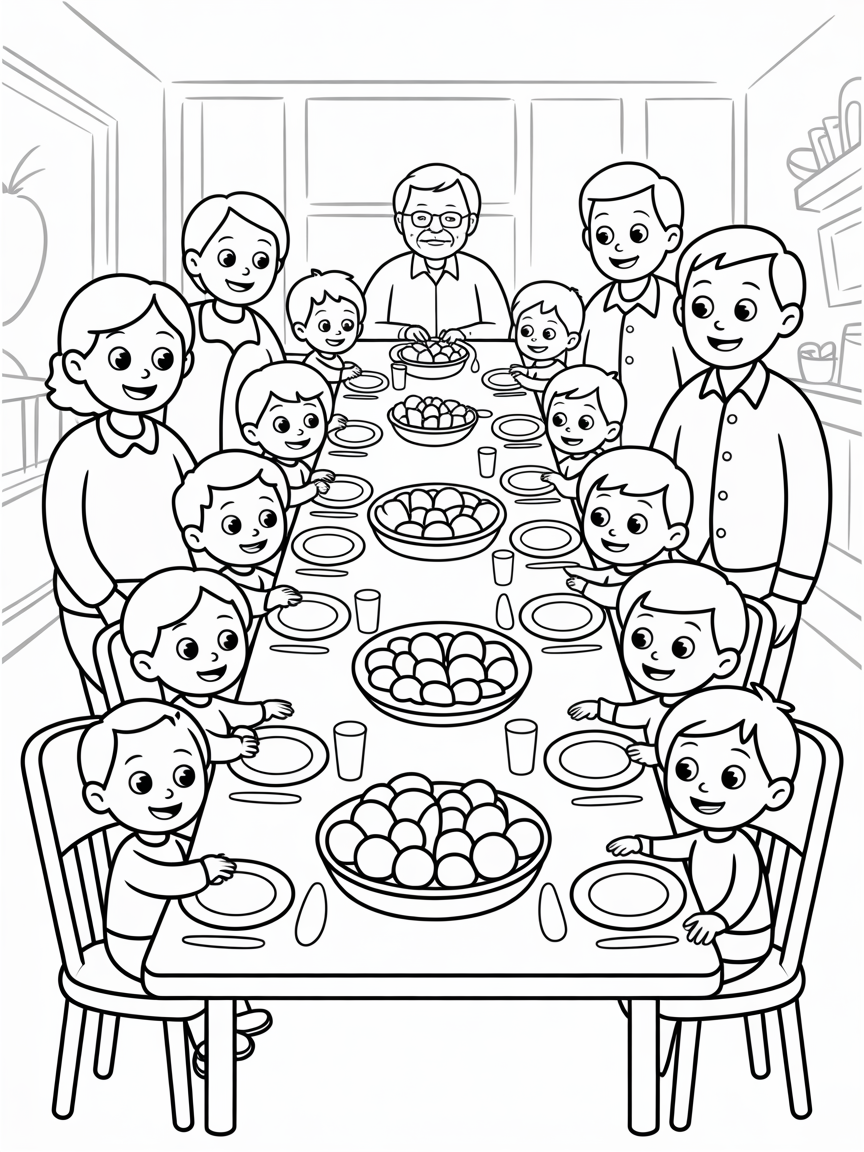 Family dinner 9 grandchildren age 2-15 Two grandparents Three children and their spouses - Free Coloring Page