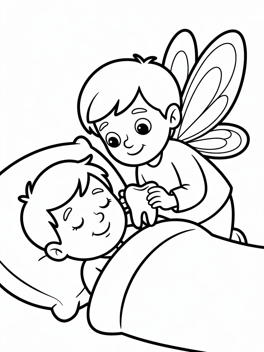 a toothfairy taking a tooth from under a boys pillow - Free Coloring Page