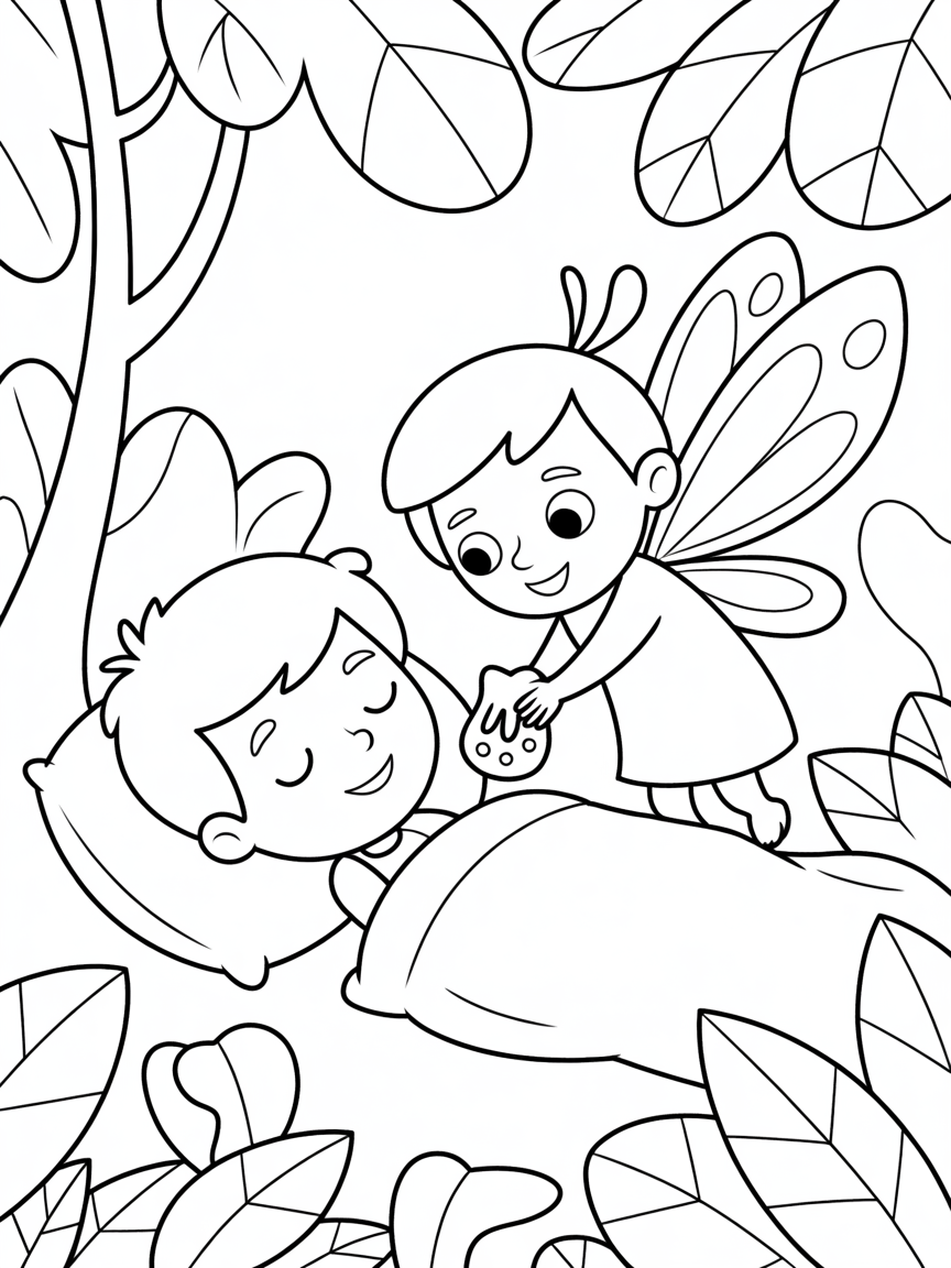 a toothfairy taking a tooth from under a boys pillow who is sleeping in a jungle - Free Coloring Page