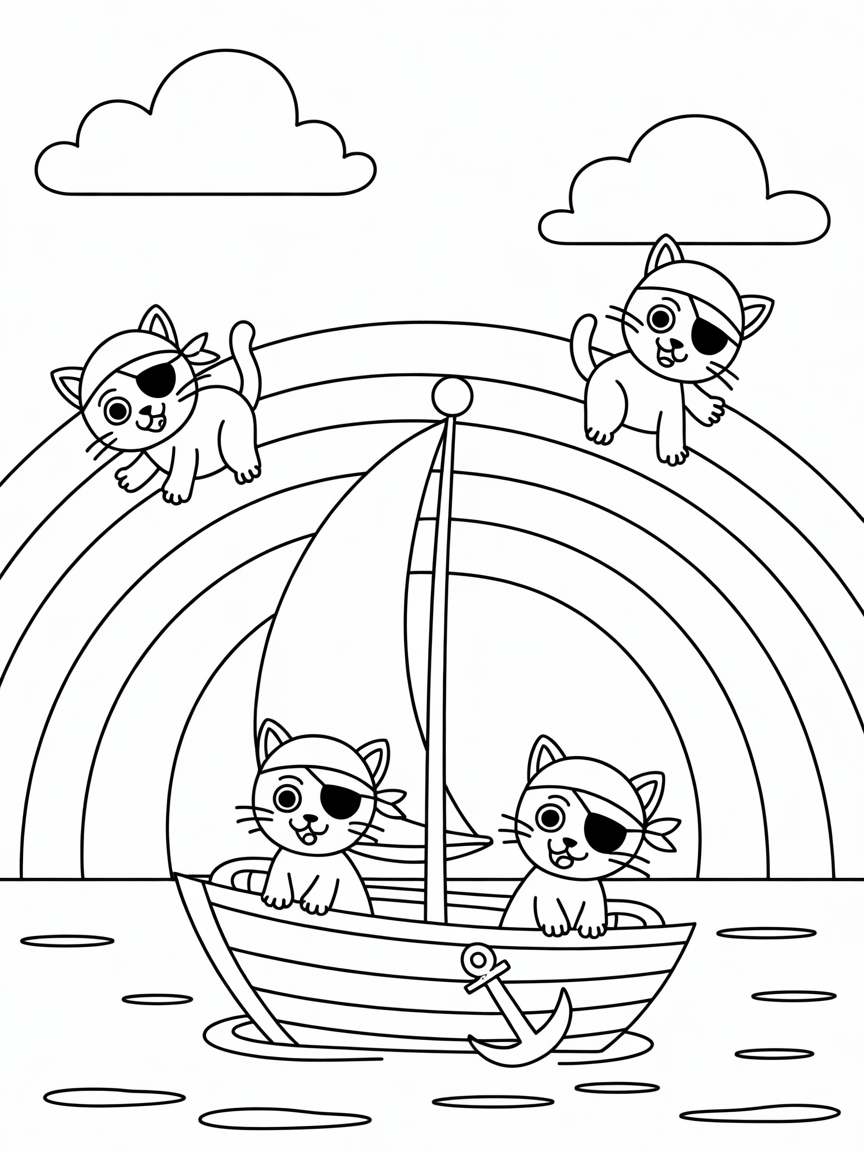 Pirate cats sailing on a rainbow - Free Coloring Page