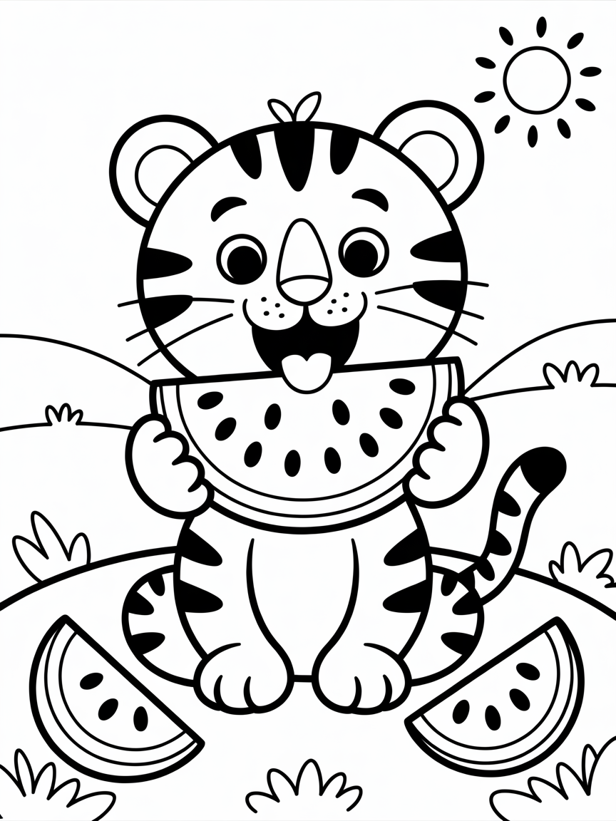 tiger eating watermelons - Free Coloring Page