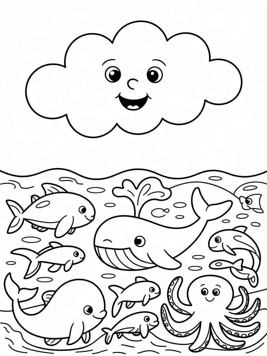 Smiling cloud flying over ocean. In the ocean there are fishes, whales, dolphins and octopus - Free Coloring Page