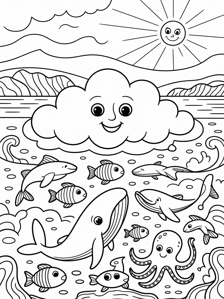 Smiling cloud flying over ocean. In the ocean there are fishes, whales, dolphins and octopus. In the background there are mountains and the sun smiling. - Free Coloring Page