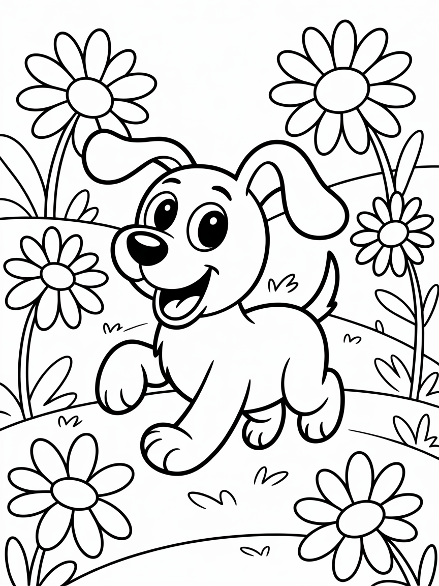 Dog running thru daiseys n - Free Coloring Page